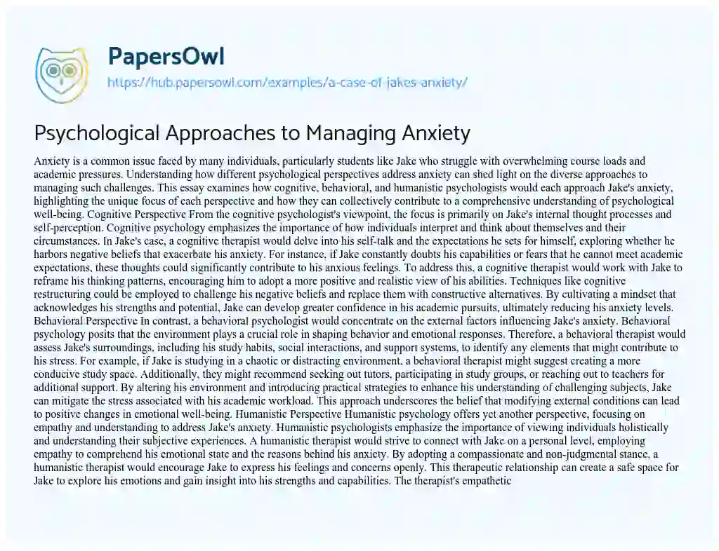 Essay on Psychological Approaches to Managing Anxiety