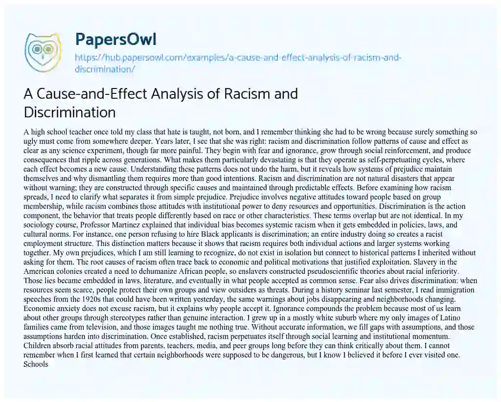 Essay on A Cause-and-Effect Analysis of Racism and Discrimination