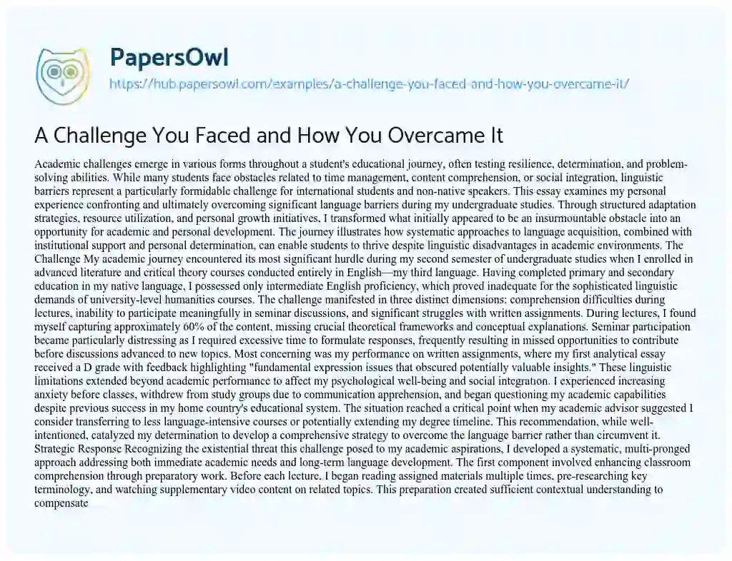 Essay on A Challenge You Faced and How You Overcame It