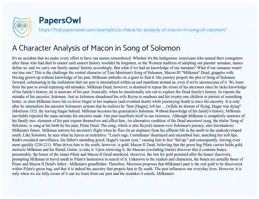 Essay on A Character Analysis of Macon in Song of Solomon