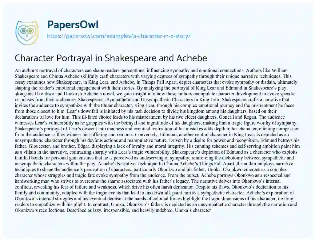 Essay on Character Portrayal in Shakespeare and Achebe