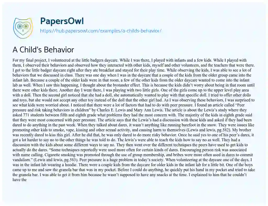 Essay on A Child’s Behavior