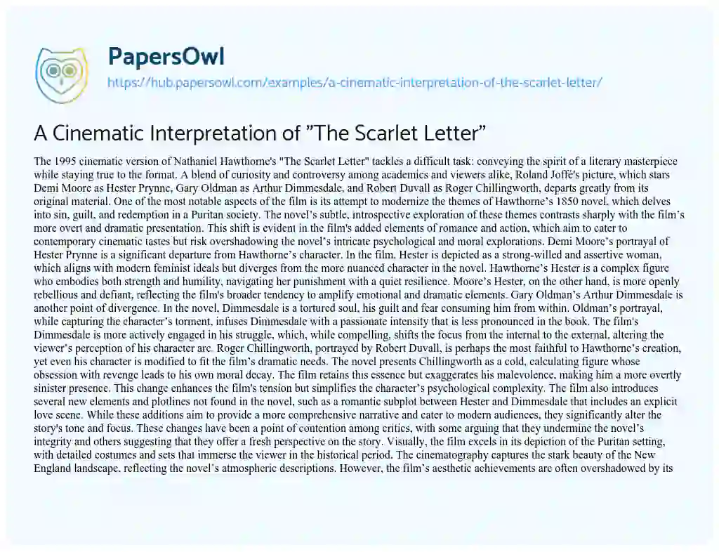 Essay on A Cinematic Interpretation of “The Scarlet Letter”