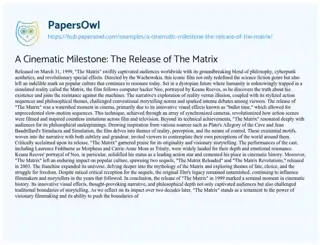 Essay on A Cinematic Milestone: The Release of The Matrix