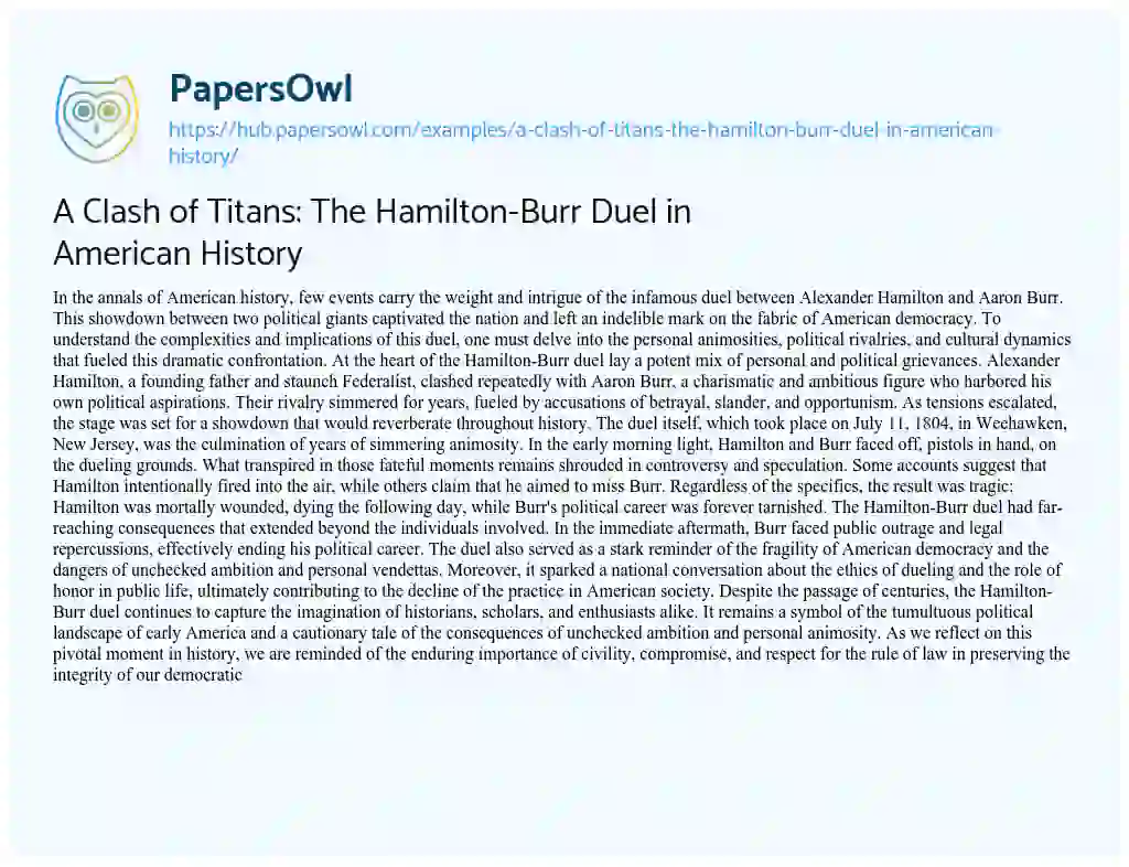 Essay on A Clash of Titans: The Hamilton-Burr Duel in American History