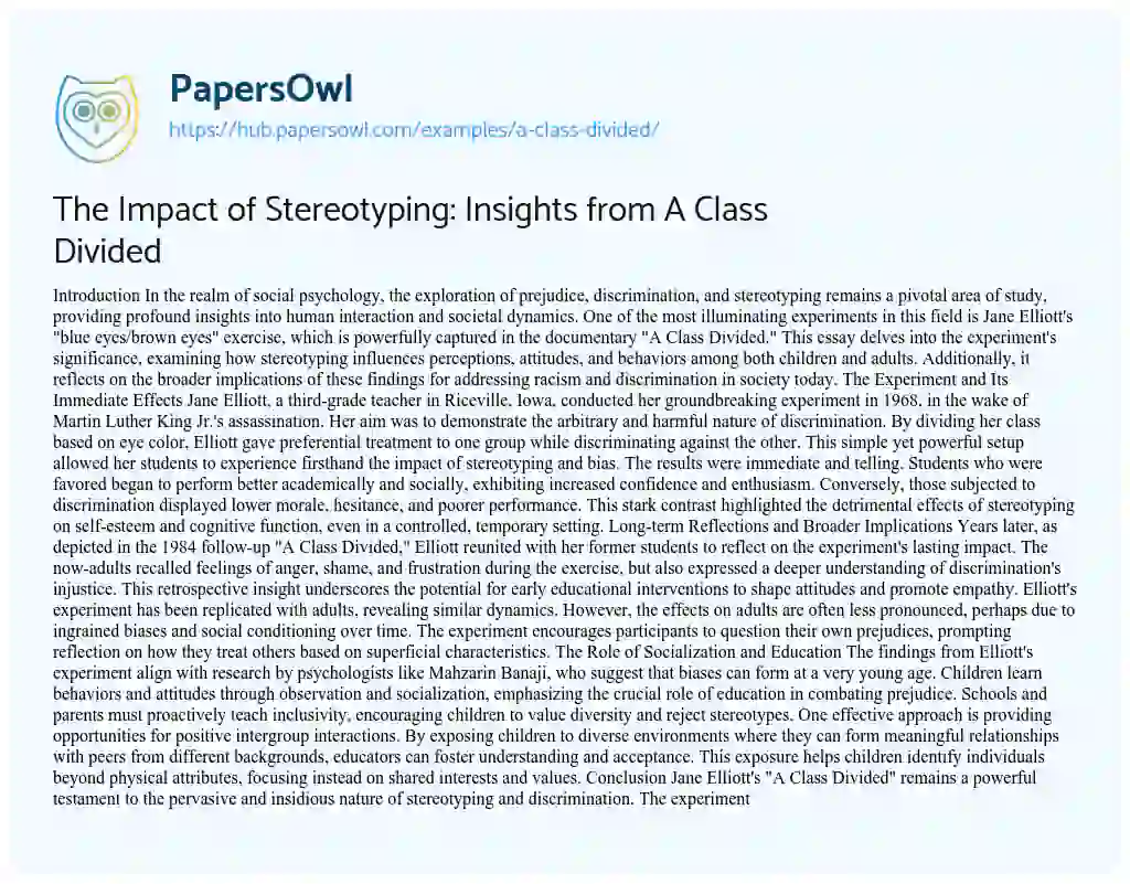 Essay on The Impact of Stereotyping: Insights from A Class Divided