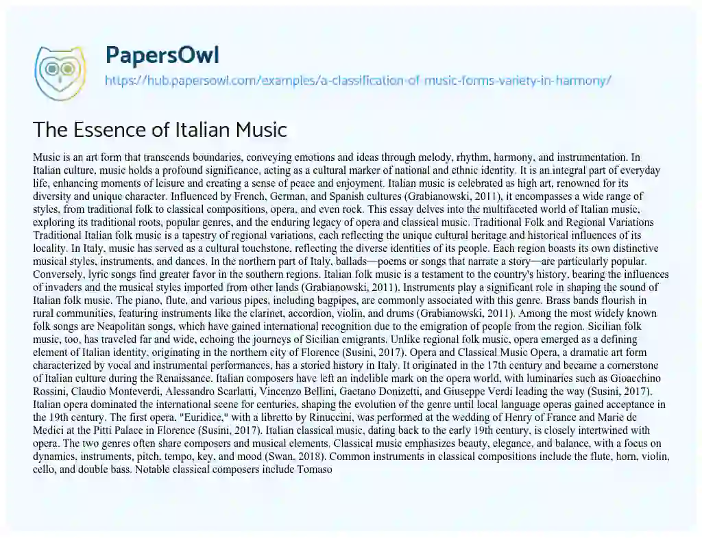 Essay on The Essence of Italian Music