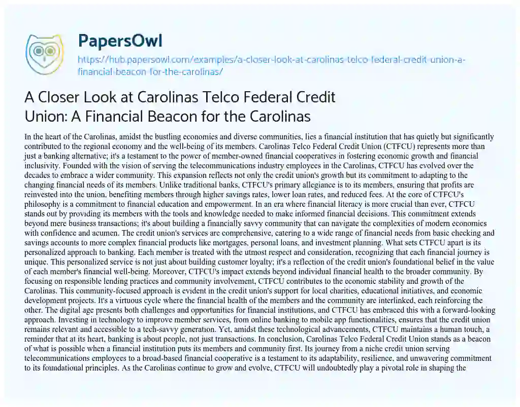 Essay on A Closer Look at Carolinas Telco Federal Credit Union: A Financial Beacon for the Carolinas
