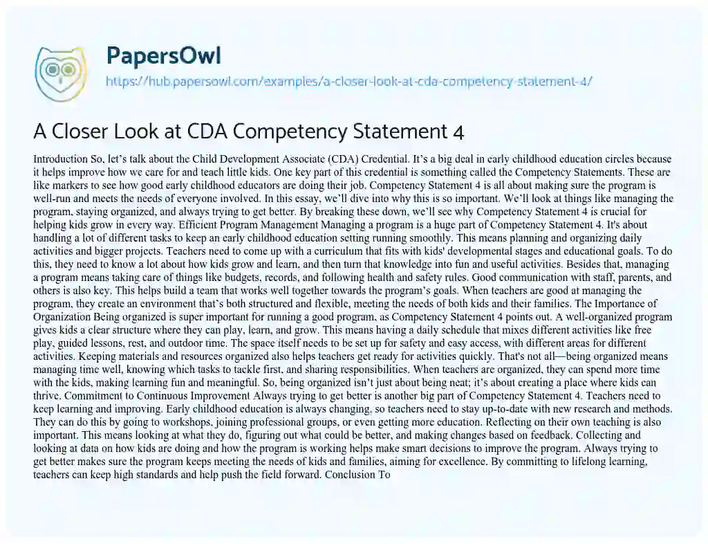 Essay on A Closer Look at CDA Competency Statement 4
