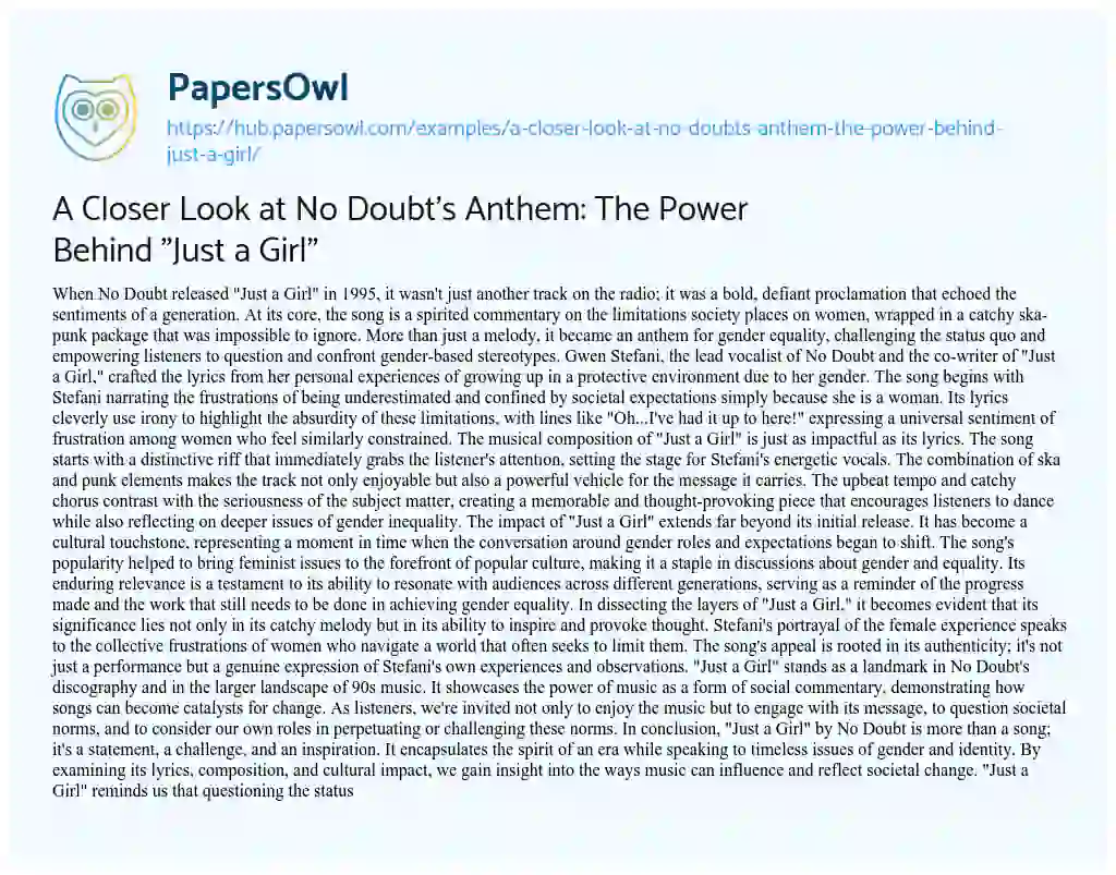 Essay on A Closer Look at No Doubt’s Anthem: The Power Behind “Just a Girl”