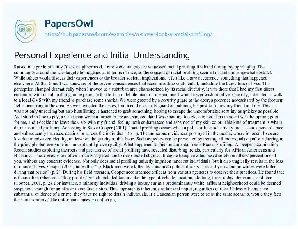 Essay on Personal Experience and Initial Understanding