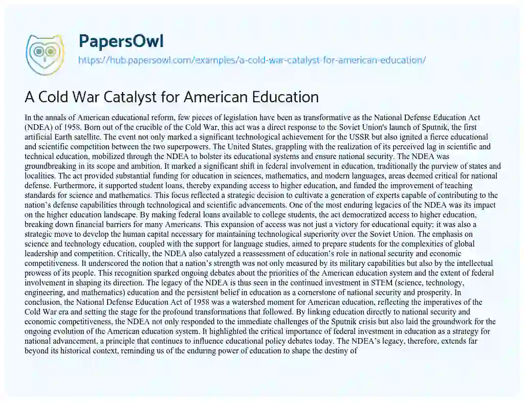 Essay on A Cold War Catalyst for American Education
