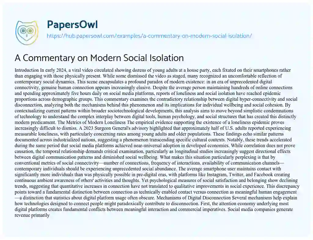 Essay on A Commentary on Modern Social Isolation