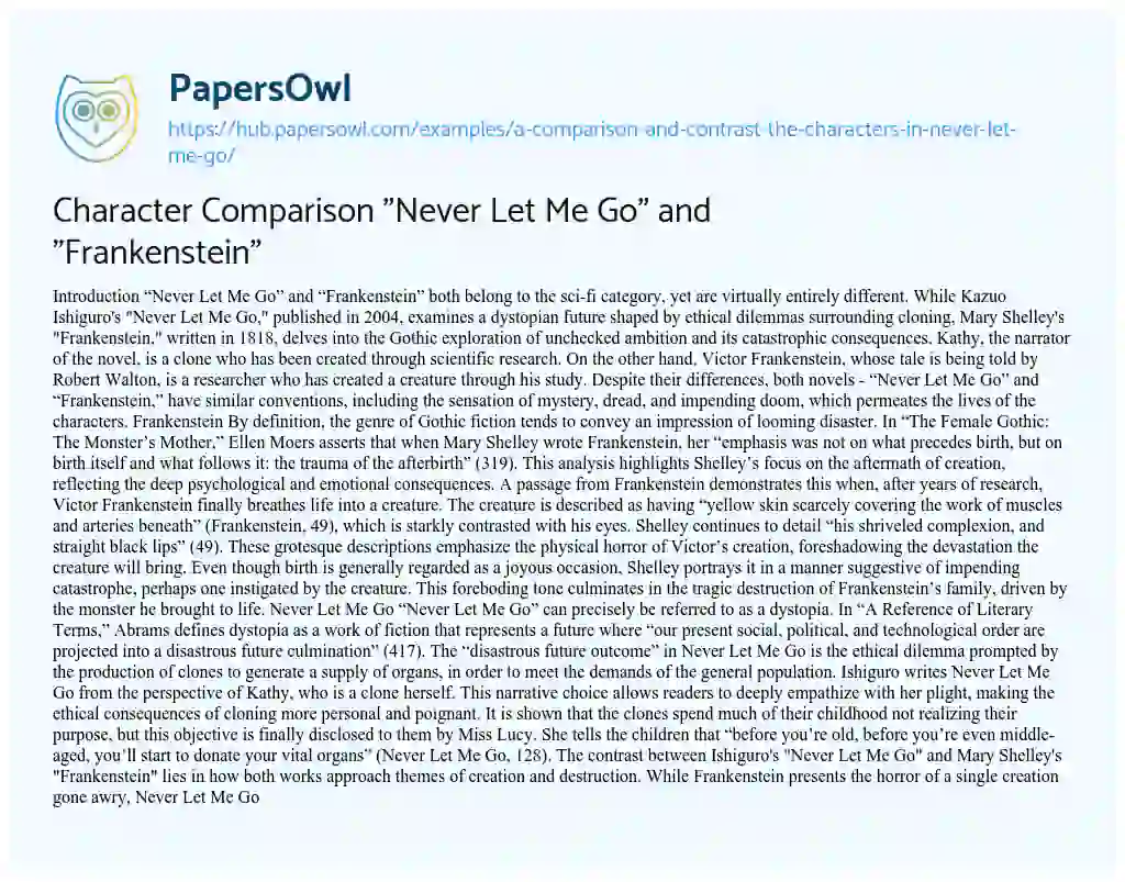 Essay on Character Comparison “Never Let Me Go” and “Frankenstein”