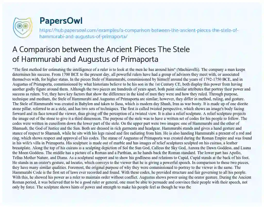Essay on A Comparison between the Ancient Pieces The Stele of Hammurabi and Augustus of Primaporta