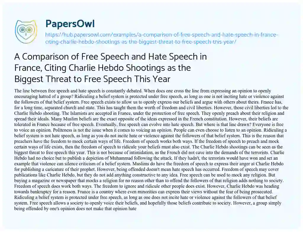 Essay on A Comparison of Free Speech and Hate Speech in France, Citing Charlie Hebdo Shootings as the Biggest Threat to Free Speech This Year