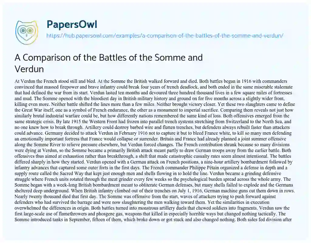 Essay on A Comparison of the Battles of the Somme and Verdun