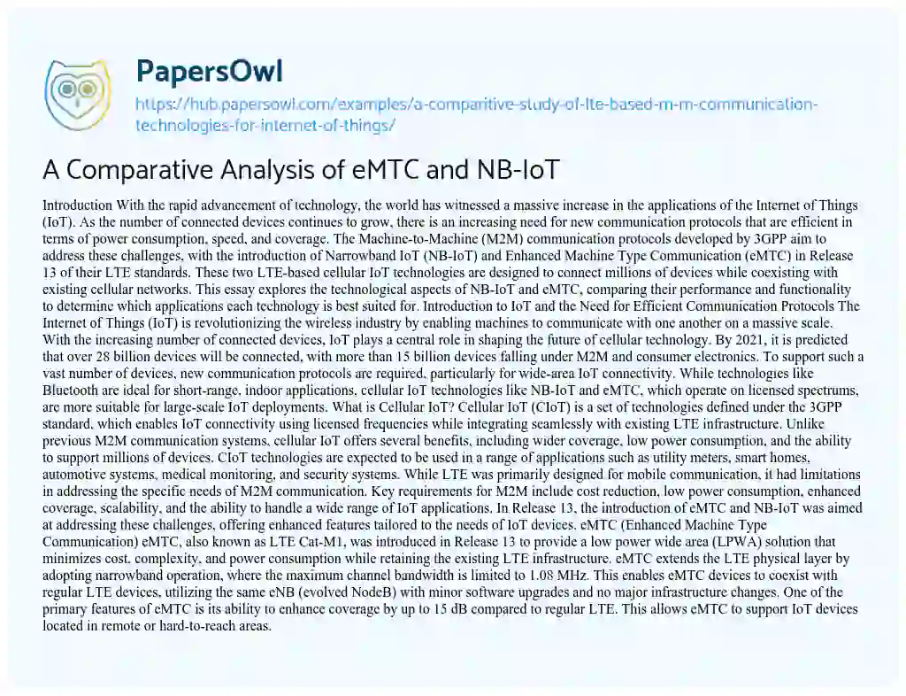 Essay on A Comparative Analysis of eMTC and NB-IoT