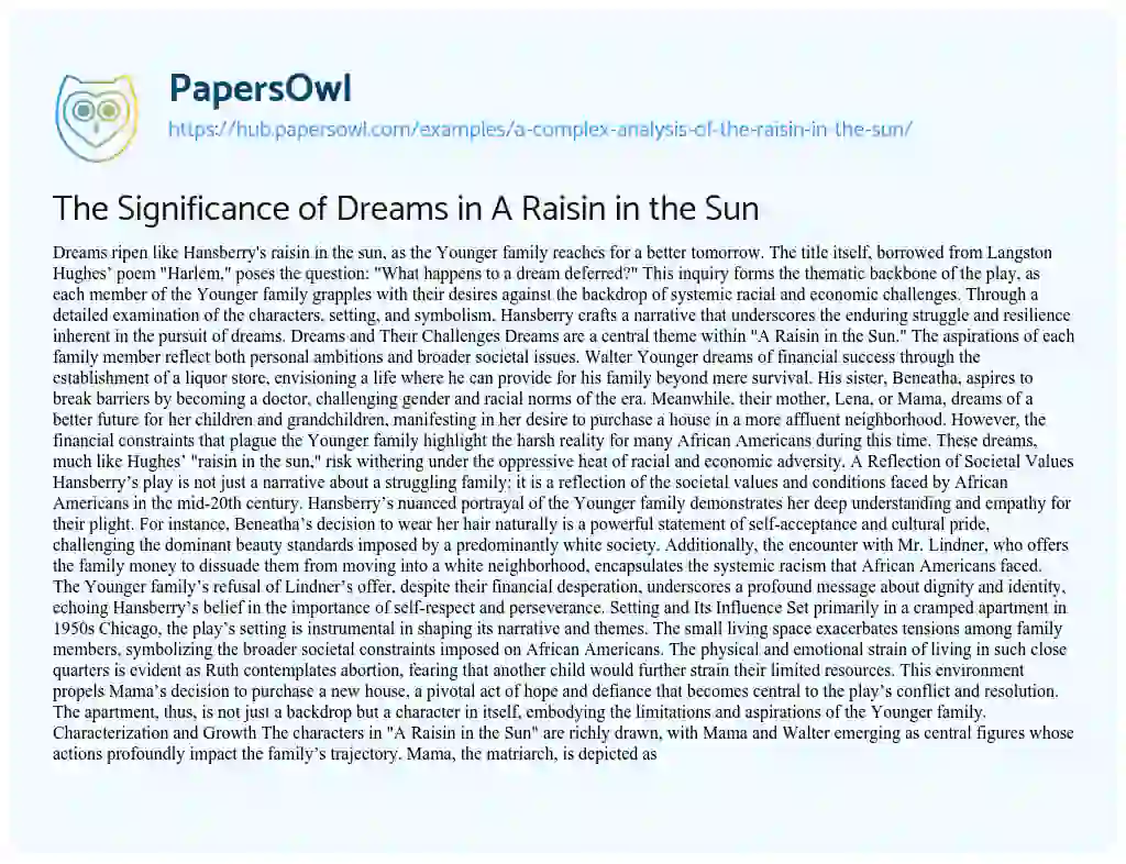 Essay on The Significance of Dreams in A Raisin in the Sun