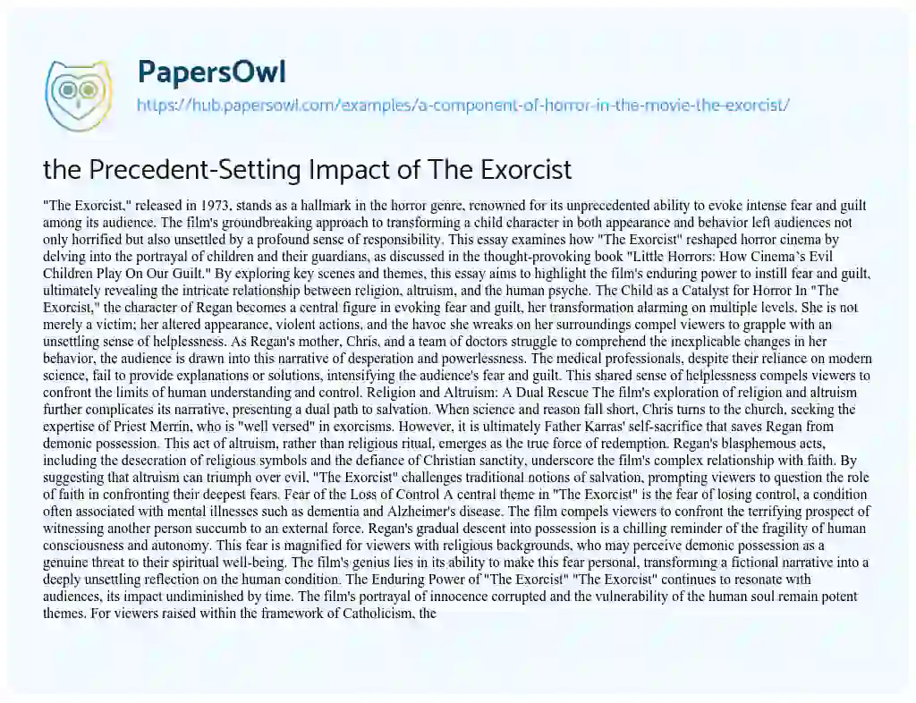 Essay on the Precedent-Setting Impact of The Exorcist