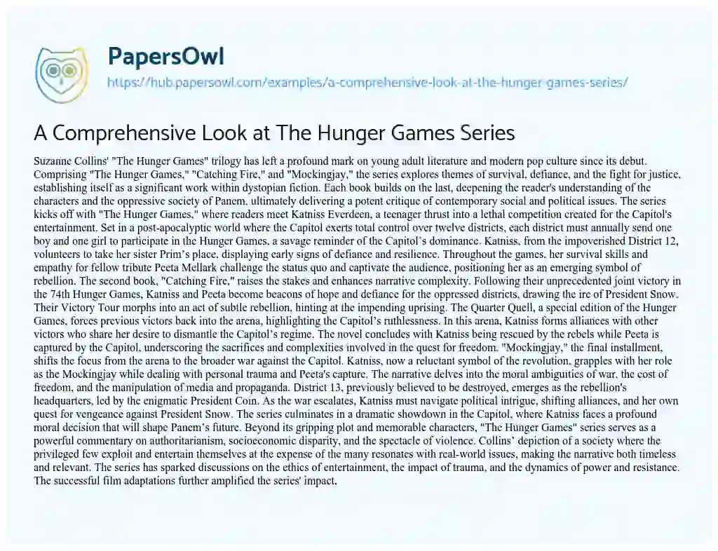 Essay on A Comprehensive Look at The Hunger Games Series