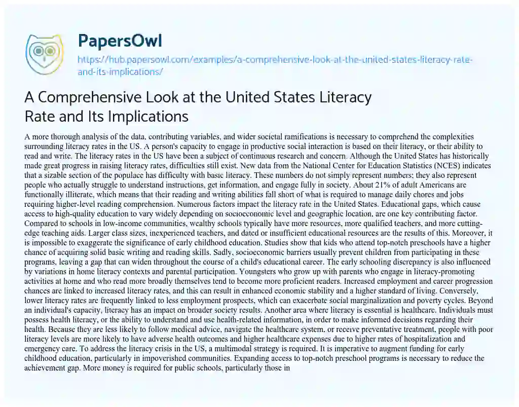 Essay on A Comprehensive Look at the United States Literacy Rate and Its Implications