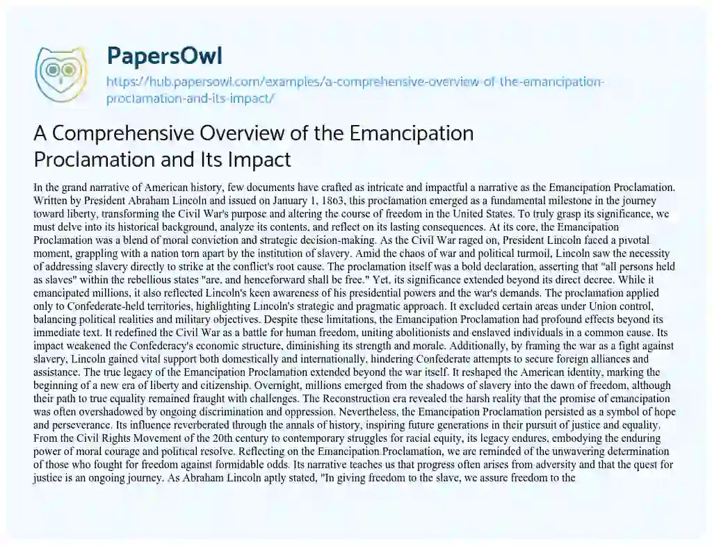 Essay on A Comprehensive Overview of the Emancipation Proclamation and Its Impact