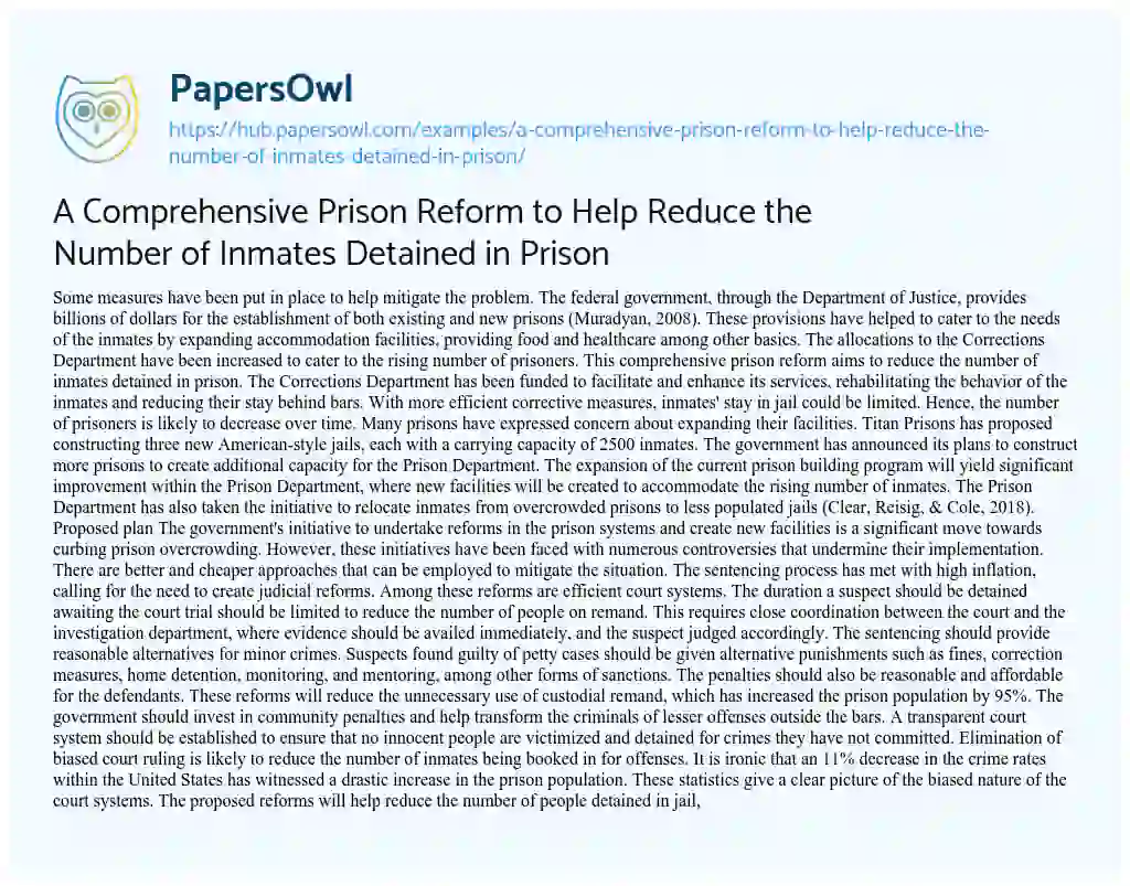Essay on A Comprehensive Prison Reform to Help Reduce the Number of Inmates Detained in Prison