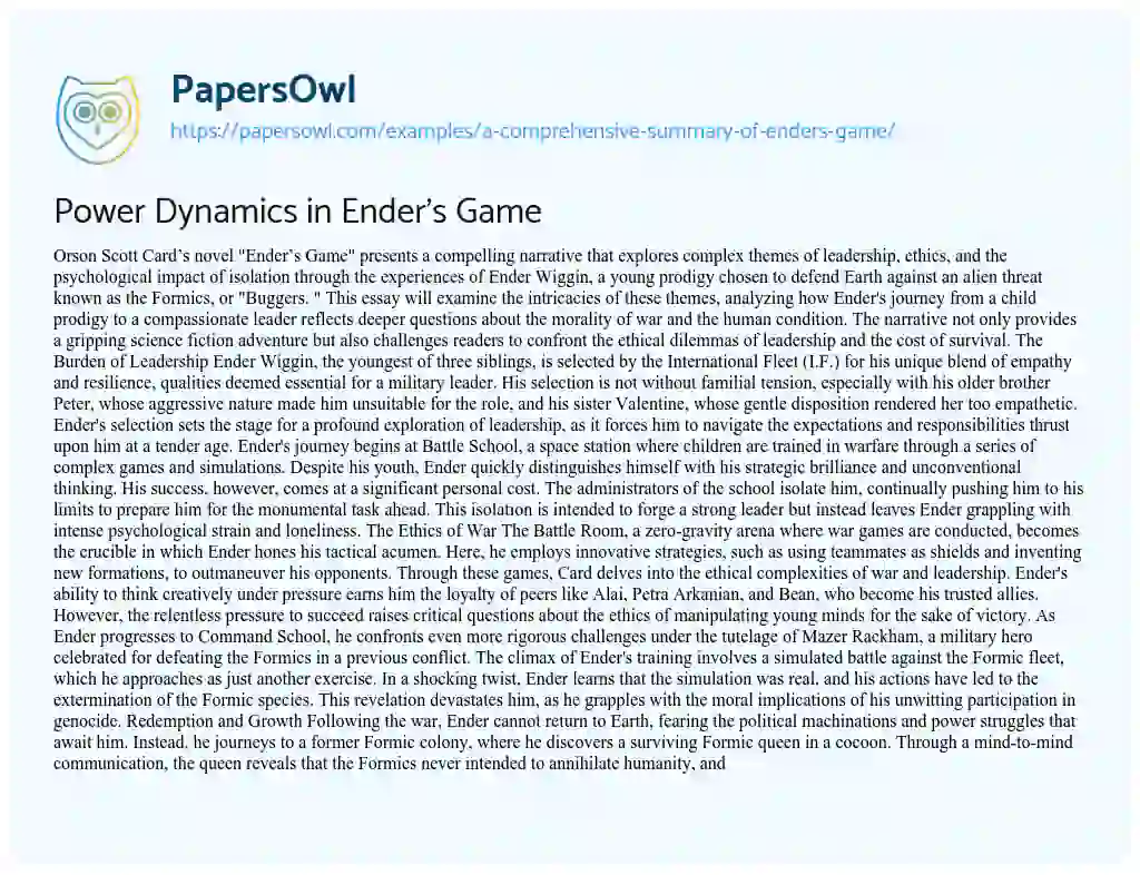 Essay on Power Dynamics in Ender’s Game