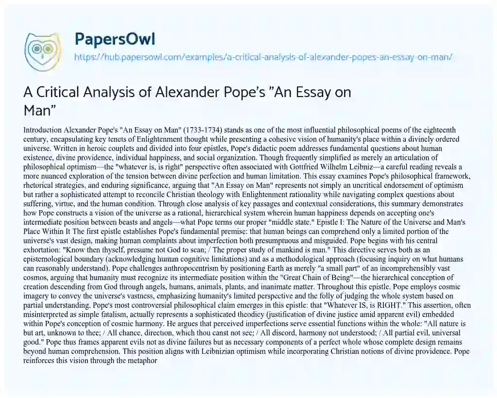 Essay on A Critical Analysis of Alexander Pope’s “An Essay on Man”