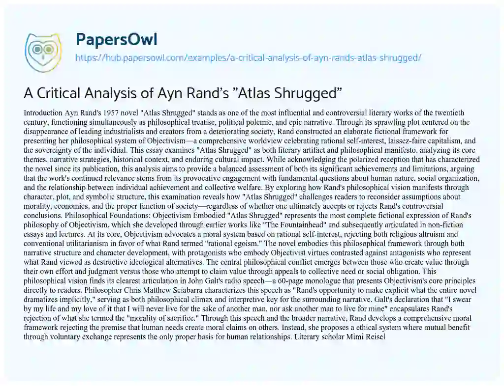 Essay on A Critical Analysis of Ayn Rand’s “Atlas Shrugged”