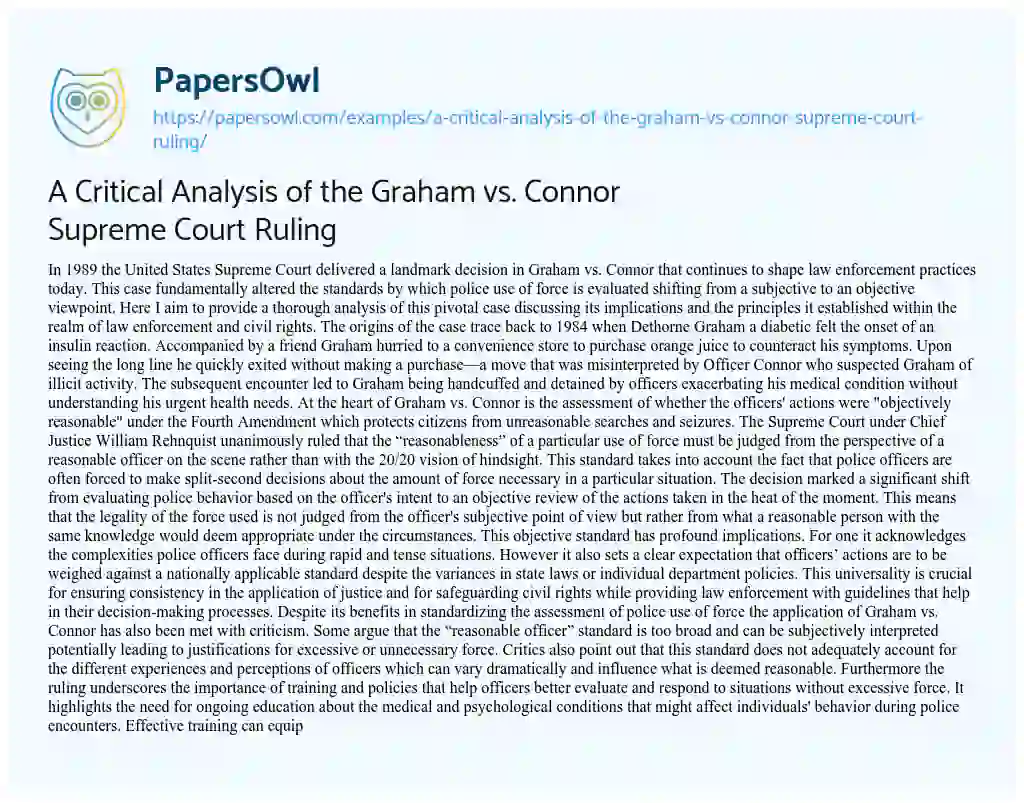 Essay on A Critical Analysis of the Graham vs. Connor Supreme Court Ruling