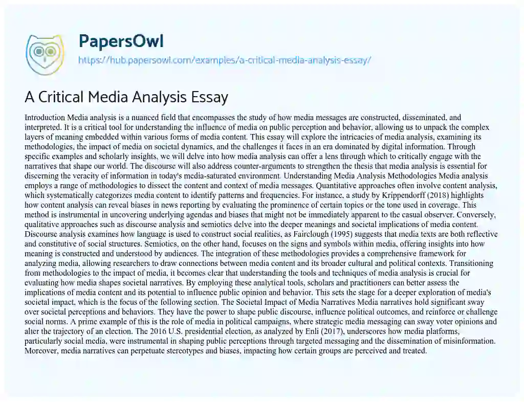 Essay on A Critical Media Analysis Essay