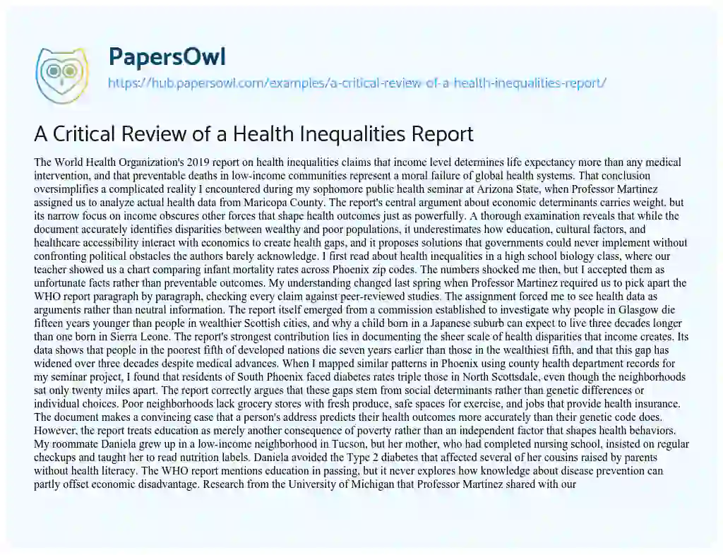 Essay on A Critical Review of a Health Inequalities Report