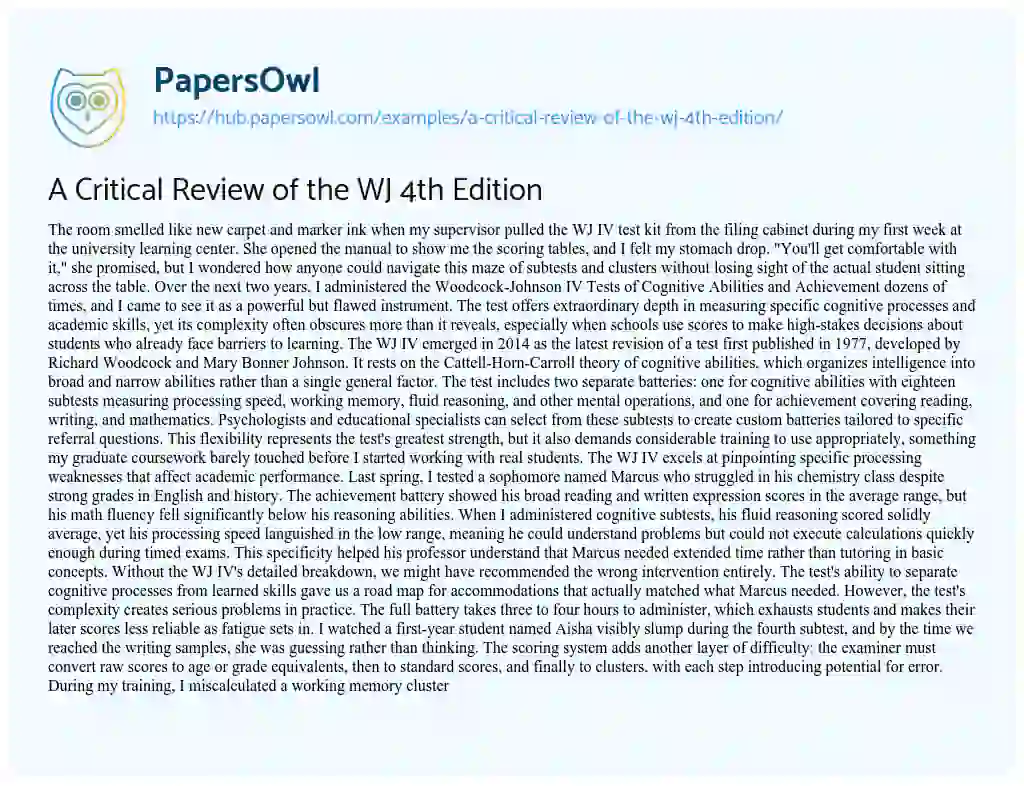 Essay on A Critical Review of the WJ 4th Edition