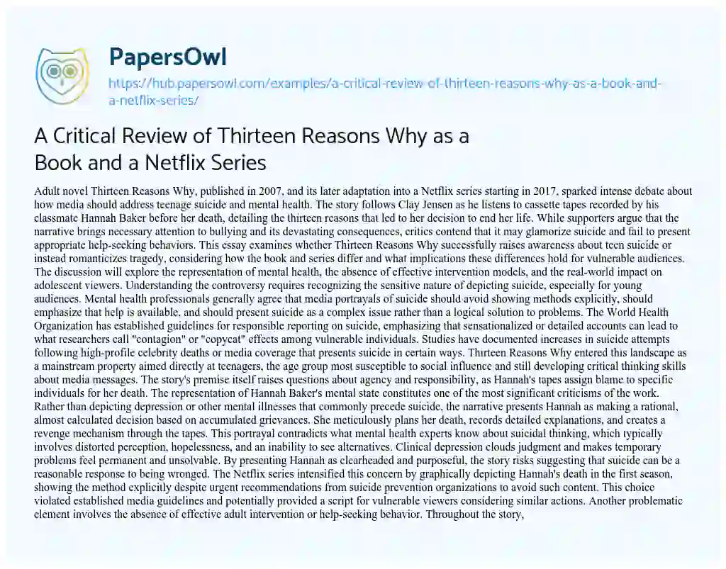 Essay on A Critical Review of Thirteen Reasons Why as a Book and a Netflix Series