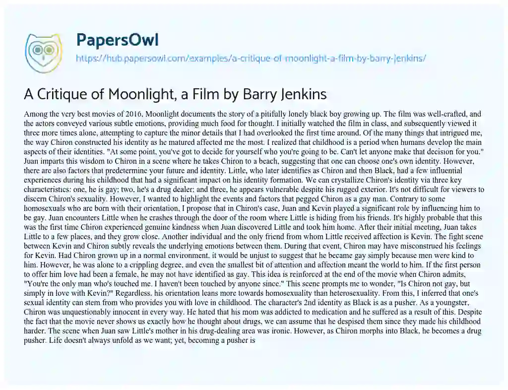 Essay on A Critique of Moonlight, a Film by Barry Jenkins
