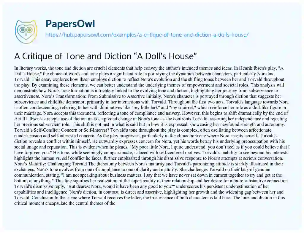 Essay on A Critique of Tone and Diction “A Doll’s House”