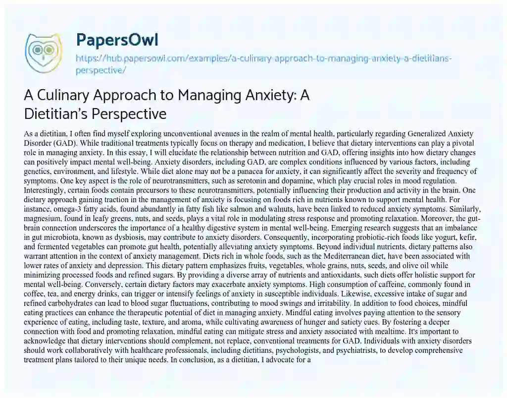 Essay on A Culinary Approach to Managing Anxiety: A Dietitian’s Perspective