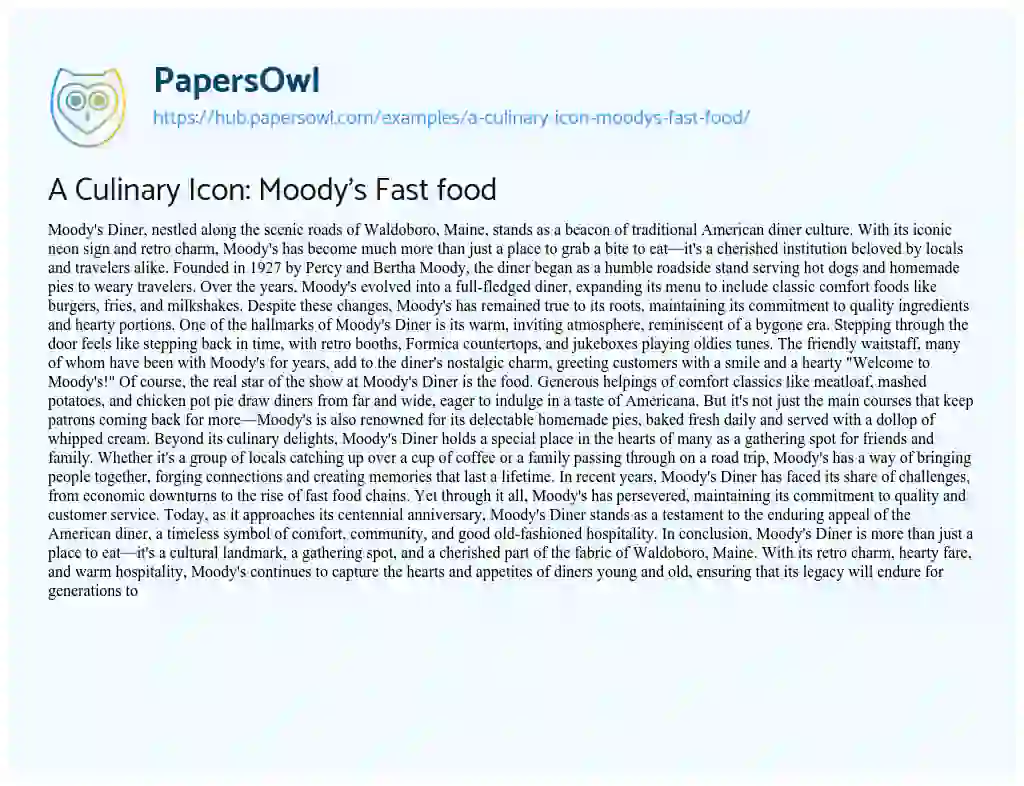 Essay on A Culinary Icon: Moody’s Fast food