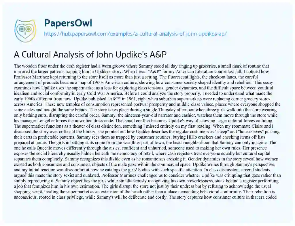 Essay on A Cultural Analysis of John Updike’s A&P