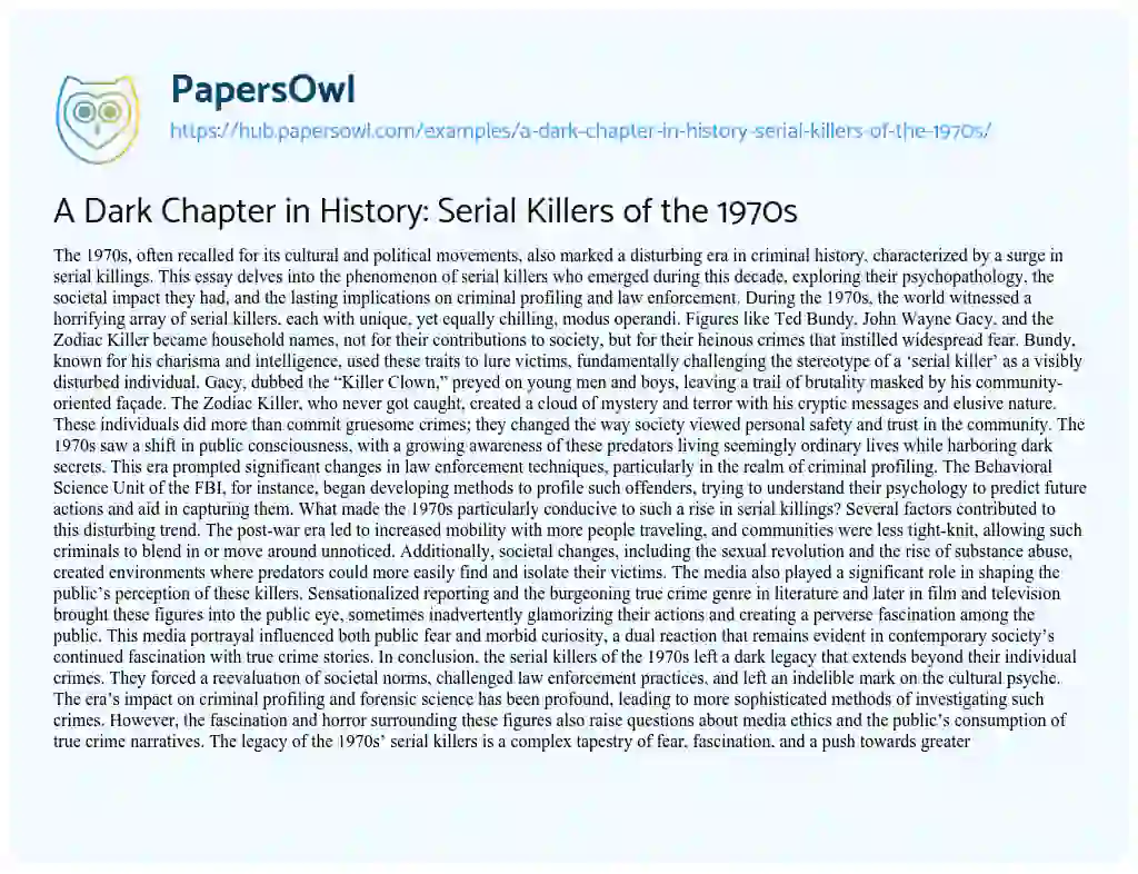Essay on A Dark Chapter in History: Serial Killers of the 1970s