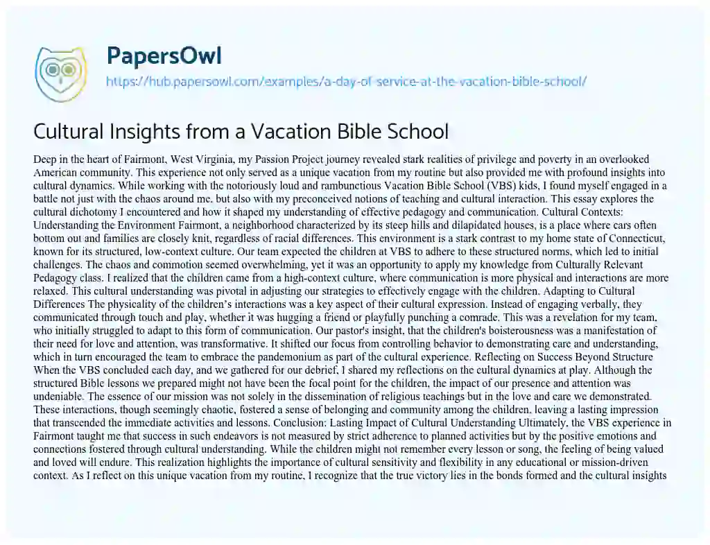 Essay on Cultural Insights from a Vacation Bible School