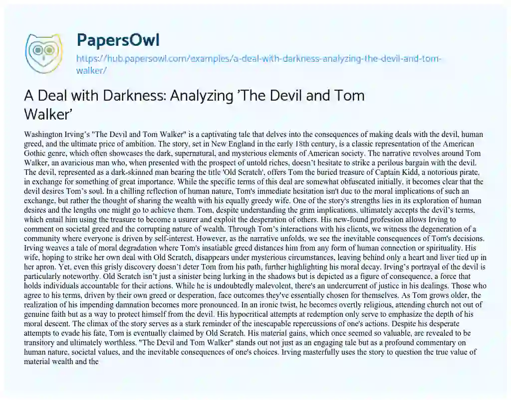 Essay on A Deal with Darkness: Analyzing ‘The Devil and Tom Walker’