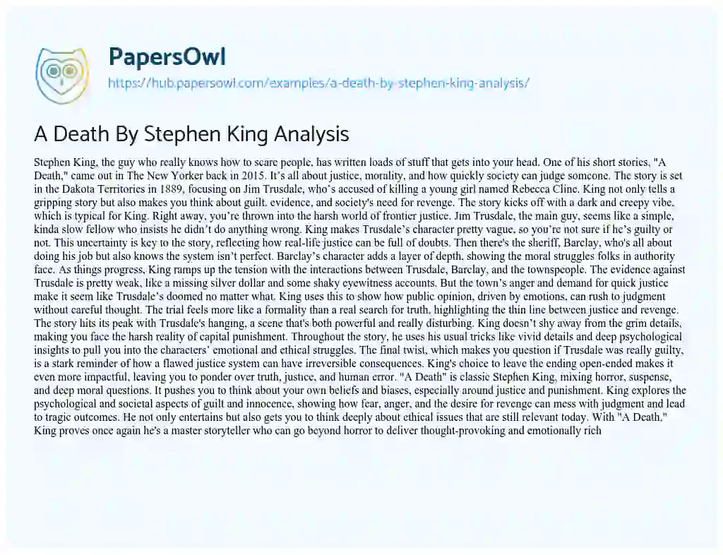 Essay on A Death By Stephen King Analysis