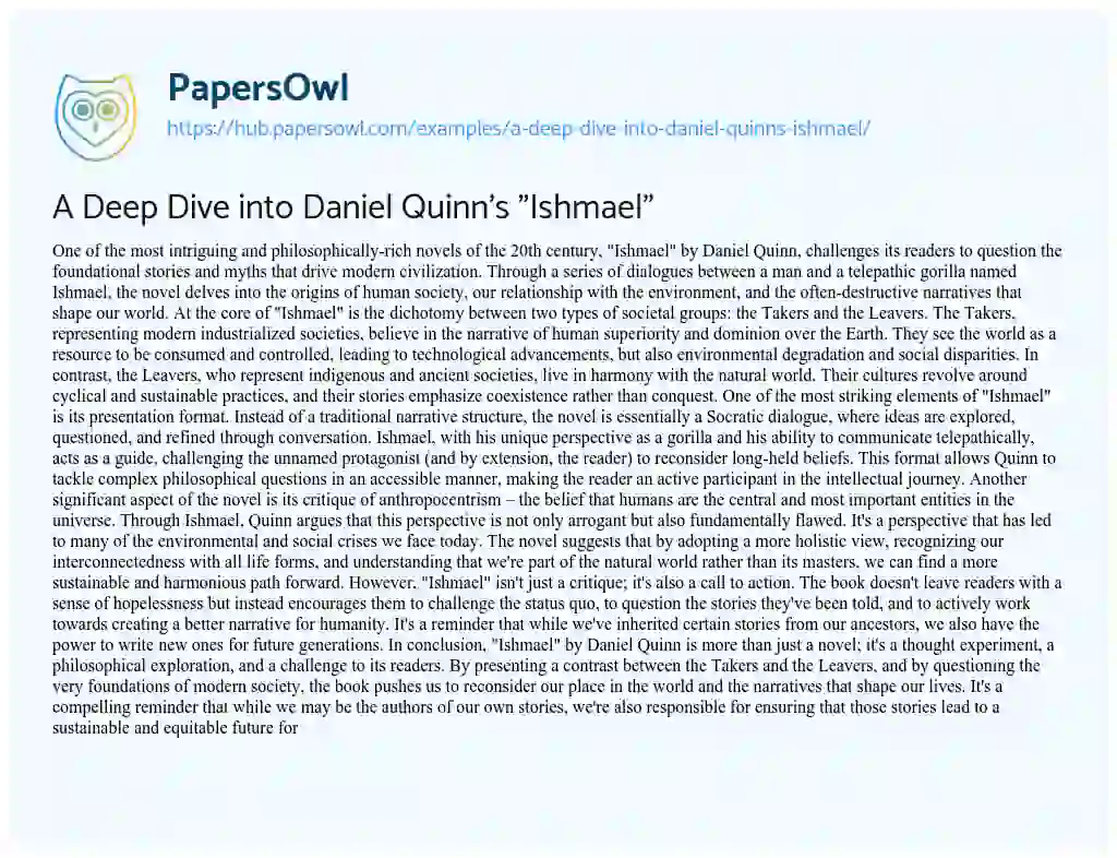 Essay on A Deep Dive into Daniel Quinn’s “Ishmael”