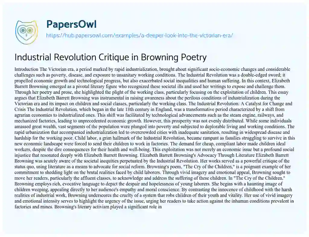 Essay on Industrial Revolution Critique in Browning Poetry