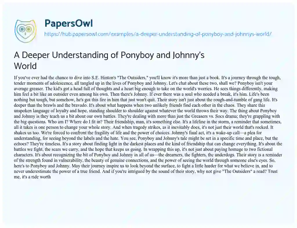 Essay on A Deeper Understanding of Ponyboy and Johnny’s World