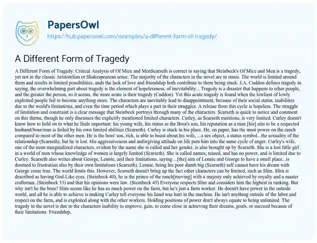 Essay on A Different Form of Tragedy