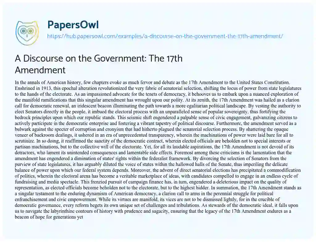 Essay on A Discourse on the Government: The 17th Amendment